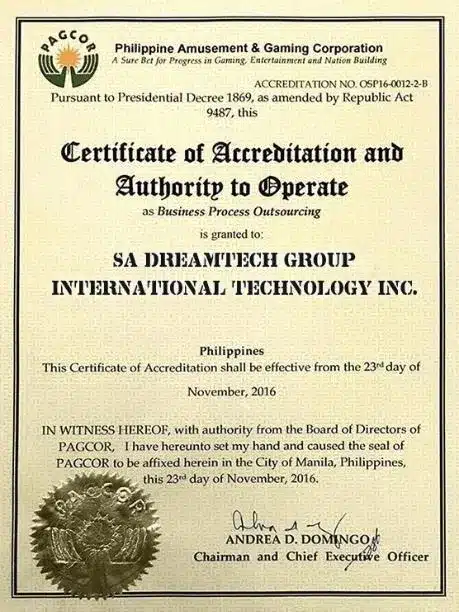 Dreamplay1 certification and accreditation document